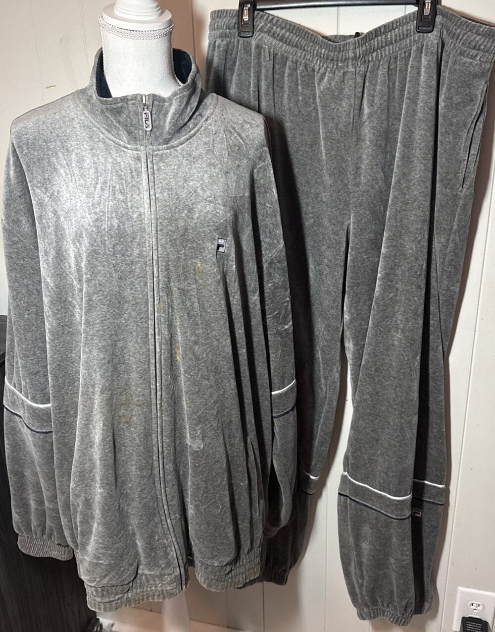 FILA Men's 2XL Velour 2pc Tracksuit Full Zip Jacket & Track Pants Pockets CC1